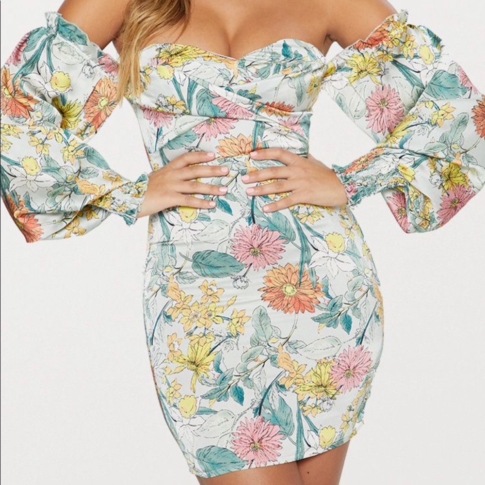 Floral Bardot Balloon Sleeve Bodycon Dress